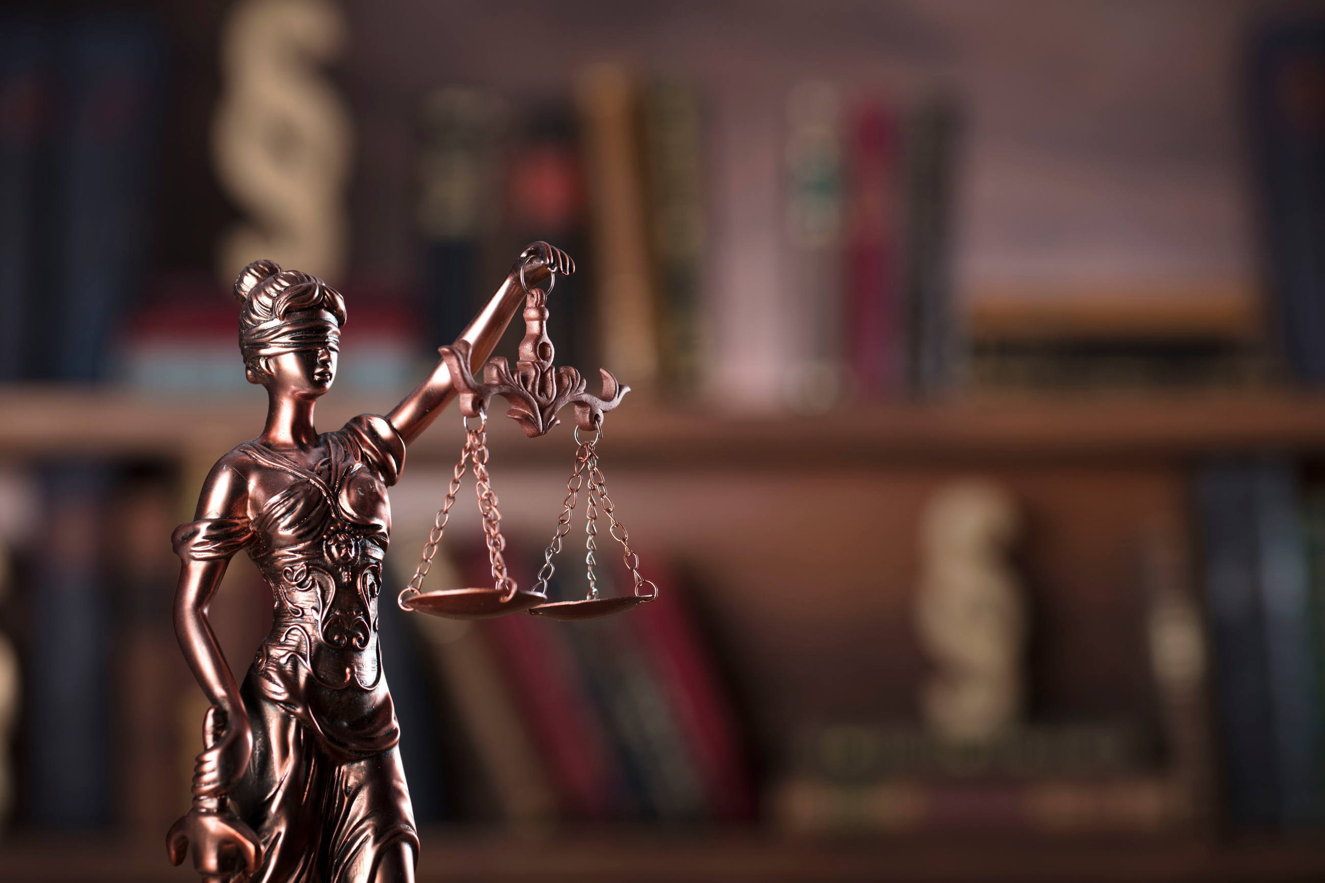 Illustrative image of a Lady Justice statue in front of law books