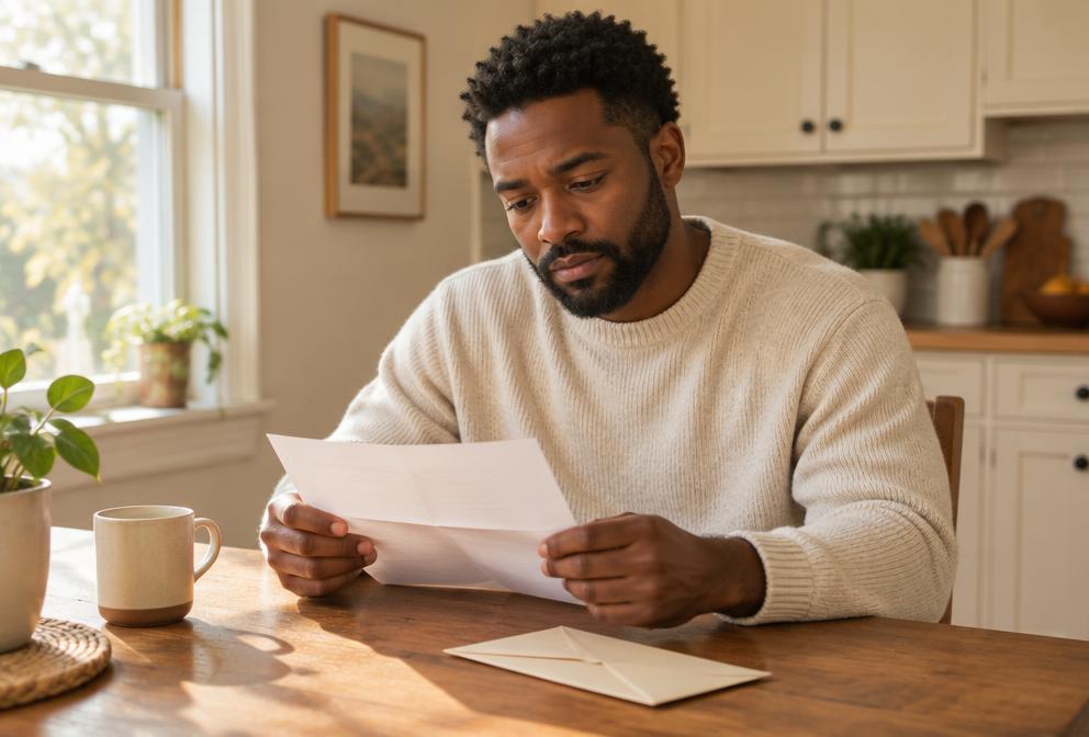 A man reading a letter at his kitchen table