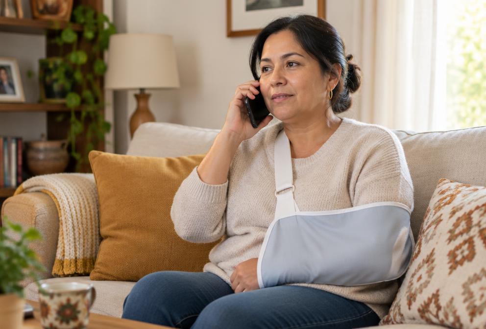 A woman with her arm in a sling talking on the phone