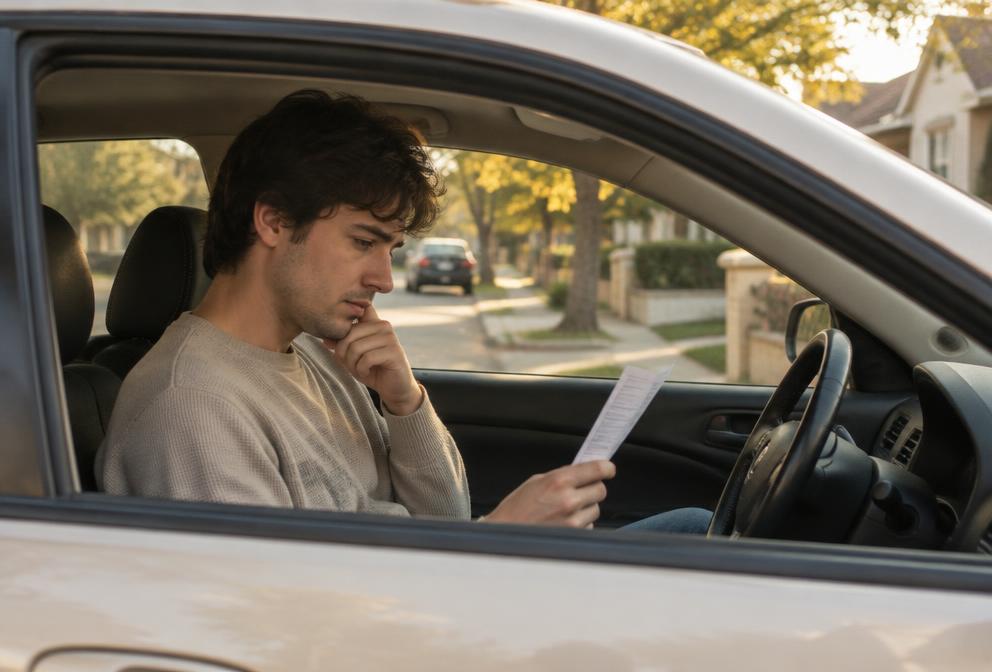 A driver reviewing a ticket in a parked car