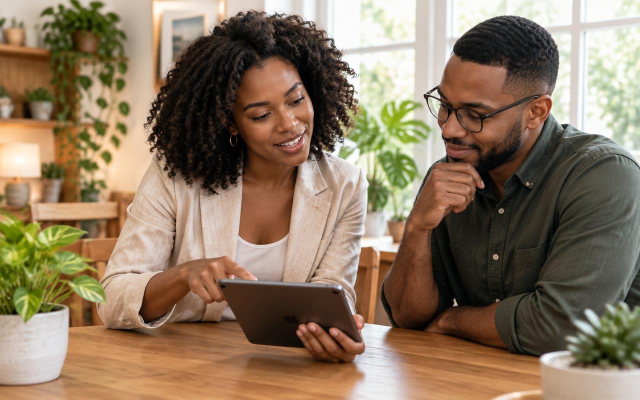 A professional shows information on a tablet to a man at a table