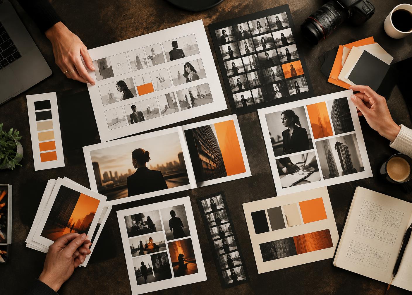 Law firm campaign concepts arranged on a creative worktable