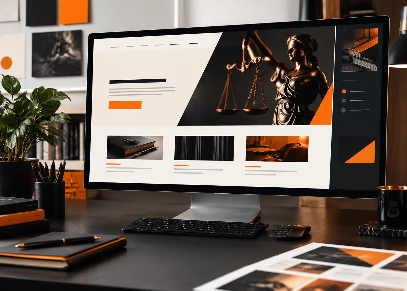 A law firm website concept displayed on a desktop monitor
