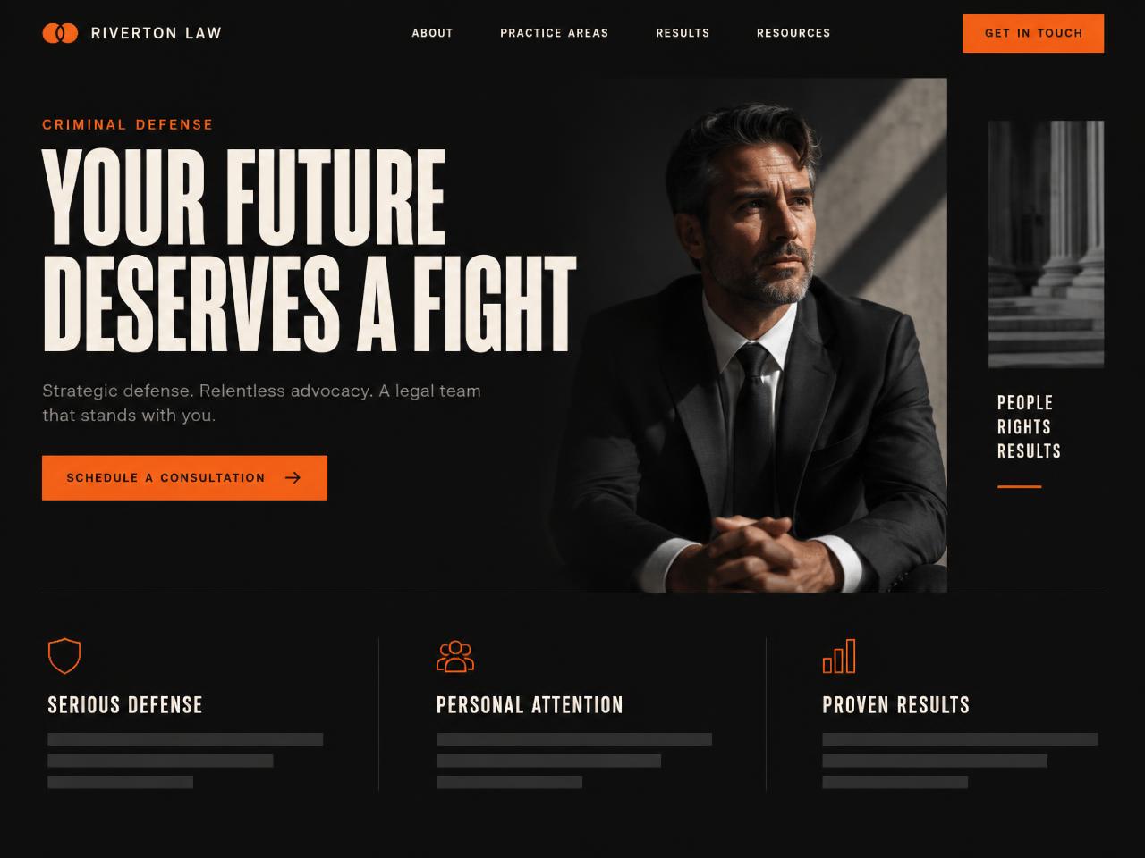 Criminal defense law firm website example with a direct consultation path