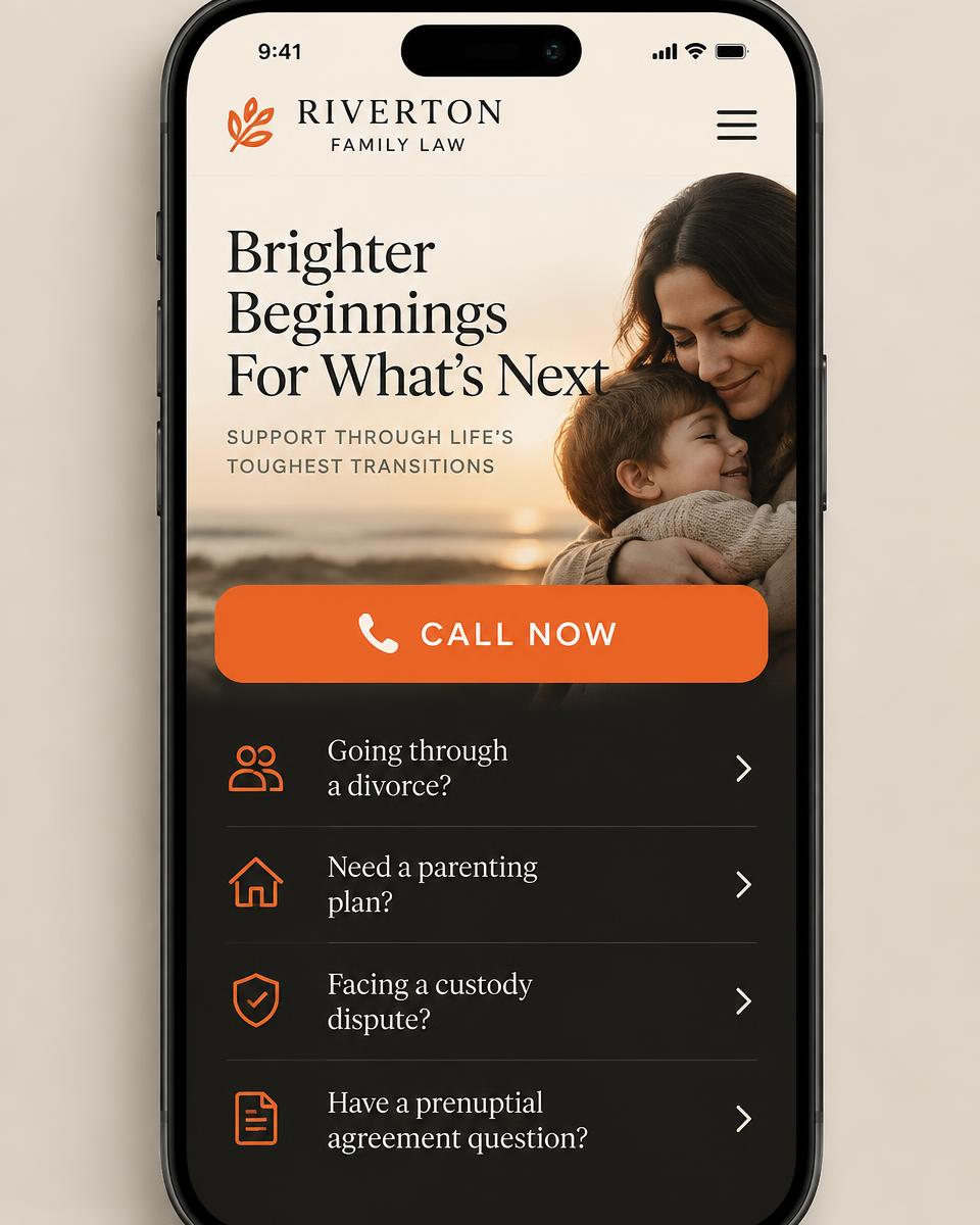 Mobile family law firm website example with question-based navigation